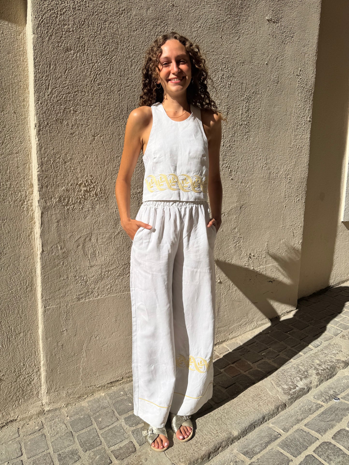 Pantalon drap - broderie jaune