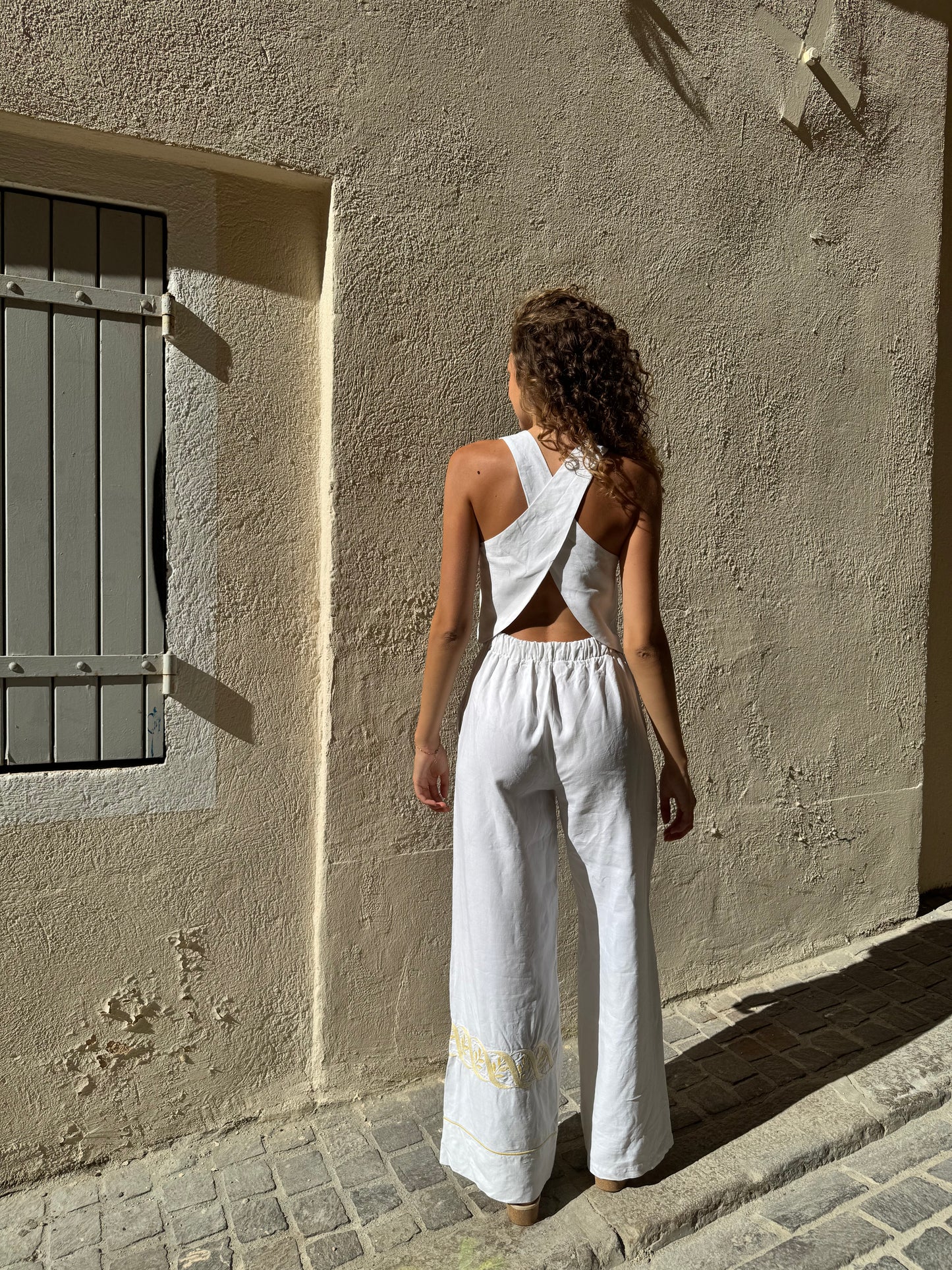 Pantalon drap - broderie jaune