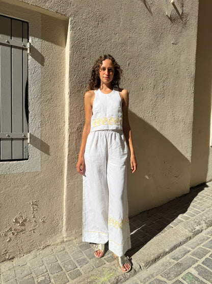 Pantalon drap - broderie jaune
