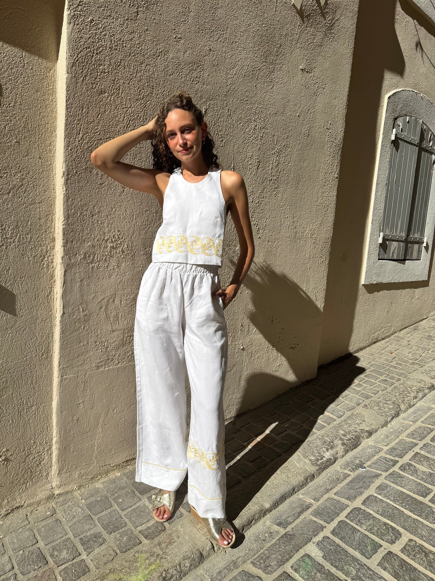 Pantalon drap - broderie jaune